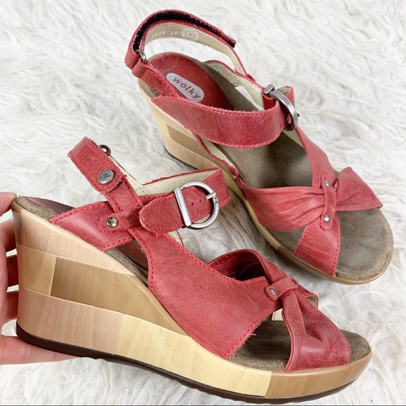 Wolky Shoes Wolky Wedge Patchwork Heel Red Leather Slingbacks Criss Cross Toe 39 Us 85